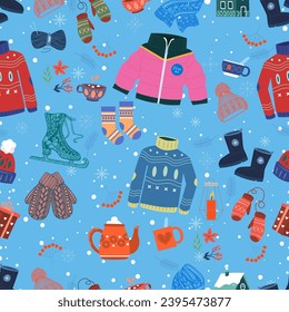 Seamless pattern, Winter, winter clothes, jacket, sweater, mittens, scarf, boots, socks, hat, skates, building, house, teapot, cup of hot tea, cup of coffee, snow, snowflakes.
