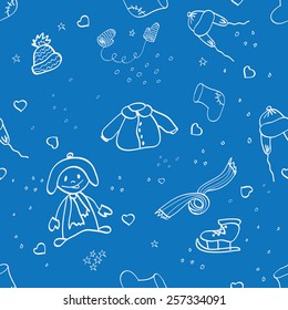 Seamless pattern with winter clothes on a blue background 