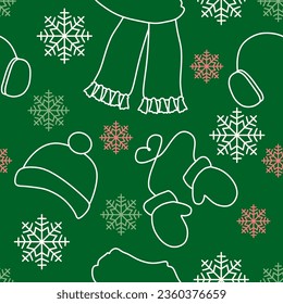 Seamless pattern with Winter clothes. Scarf, Hat, Mittens and Headphones on the background with snowflakes. Line art or Outline style. Vector Endless illustration for Template, Fabric, Textile, Banner