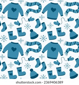 Patrón sin foco con ropa de invierno. Suéter, medias, botas, bufanda, mitones, sombrero y copos de nieve. Ilustración plana vectorial.
