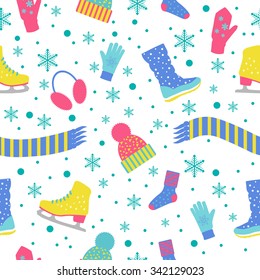 Seamless pattern of winter clothing: hat, scarf, skates, socks, mittens, gloves, socks, boots. Flat design.