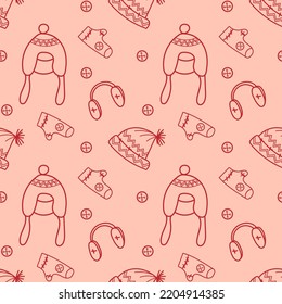 Seamless pattern of winter clothing in a linear style. Hat, mittens, headphones. A simple vector pattern for winter illustrations and designs.