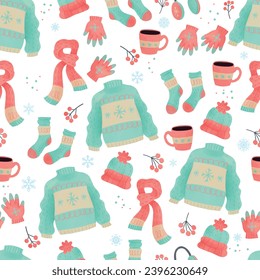 Seamless pattern, winter, clothing, sweater, hat. gloves, scarf, fashion, knitted, season, collection, isolated, set, christmas, pattern, background, cold, textile, illustration, holiday, seamless
