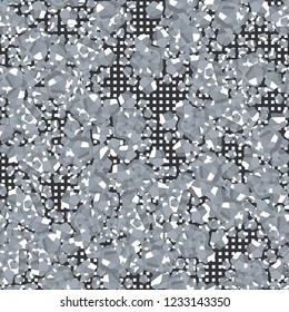 Seamless pattern. Winter colors. Broken pentagons. Background of small squares. Camouflage style.