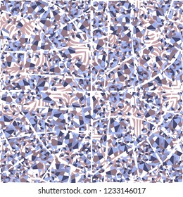 Seamless pattern. Winter colors. Broken pentagons. Background from square flowers. Foreground of tattered mesh. Camouflage style.