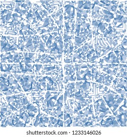 Seamless pattern. Winter colors. Broken pentagons. Background from square flowers. Foreground of tattered mesh. Camouflage style.