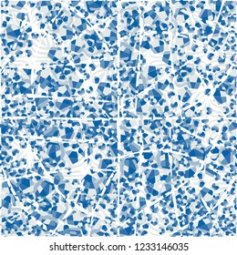 Seamless pattern. Winter colors. Broken pentagons. Background from square flowers. Foreground of tattered mesh. Camouflage style.