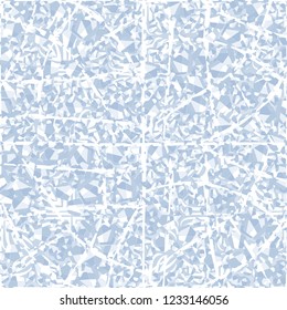 Seamless pattern. Winter colors. Broken pentagons. Background from square flowers. Foreground of tattered mesh. Camouflage style.