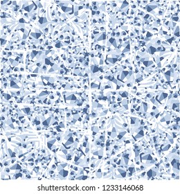 Seamless pattern. Winter colors. Broken pentagons. Background from square flowers. Foreground of tattered mesh. Camouflage style.