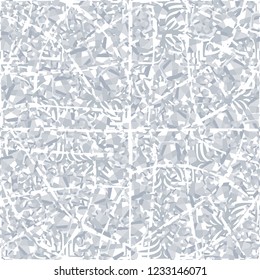 Seamless pattern. Winter colors. Broken pentagons. Background from square flowers. Foreground of tattered mesh. Camouflage style.