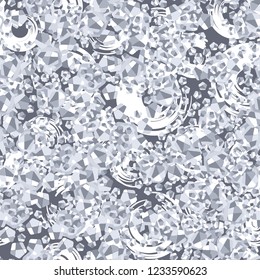 Seamless pattern. Winter colors. Broken triangles. Circles drawn by brush. Camouflage style.