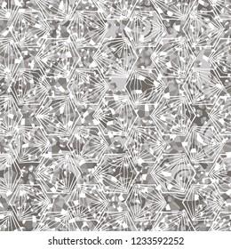 Seamless pattern. Winter colors. Broken triangles. Openwork hexagons. Brush-drawn circles. Camouflage style.