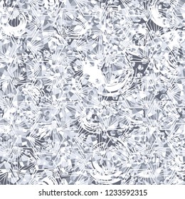 Seamless pattern. Winter colors. Broken triangles. Openwork hexagons. Brush-drawn circles. Camouflage style.