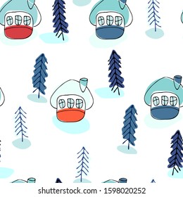 Seamless pattern with winter cottages and fir trees in the snow. Winter recreation concept