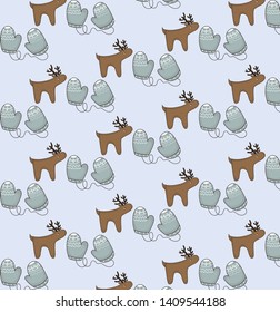 Seamless pattern with winter, cozy, with the freshness of the northern frosts and the warmth of the reindeer, a pattern on a blue background. Vector illustration. 