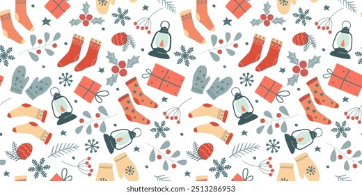 Patrón sin costuras con estampado acogedor de invierno. Regalos, mitones, calcetines contra un fondo de copos de nieve, ramas con bayas, conos de pino. Gráficos de Vector.