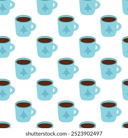 Seamless pattern. Winter cup with christmas tree design. Cozy background. Vector flat illustration.