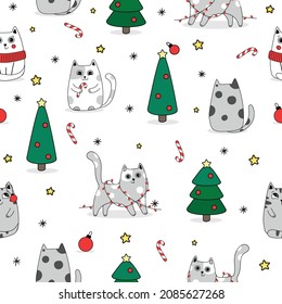 Seamless Pattern Winter Cute Cats, Cartoon Animals Background, Vector Illustration