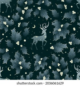 Seamless pattern with winter deers. Design for card, fabric, print, greeting, cloth, poster, clothes, textile.