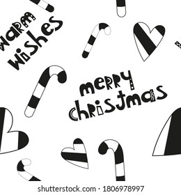 Seamless pattern for winter design and X-mas goods. Scandi style. Christmas candy canes, hearts and lettering Warm wishes and Merry Christmas. Vector illustration. Pattern is cut, no clipping mask.