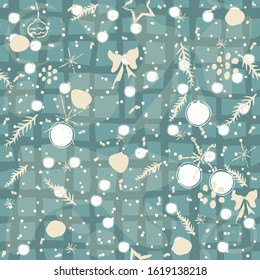 Seamless pattern with winter doodles on blue. Vector Illustration