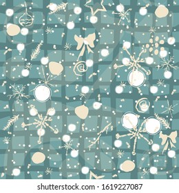 Seamless pattern with winter doodles on blue. Vector Illustration