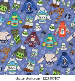 Seamless pattern with Winter doodles seasonal clothes. Vector illustration