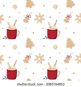 Seamless pattern of winter drink and ginger cookies. Vector illustration for background, decor, fabrics and postcards