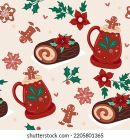 Seamless pattern with winter drinks and biscuits. Vector graphics.