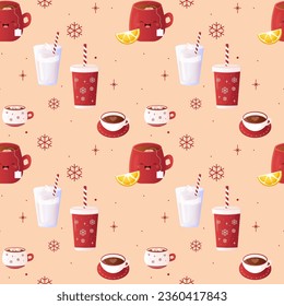 Seamless pattern winter drinks, mug, red. Tea, coffee, cocoa and lemon