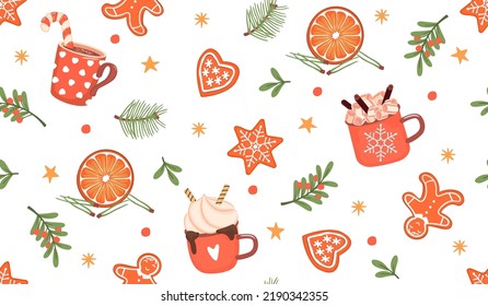 Seamless pattern with winter drinks,gingerbread,orange and berries.Hot chocolate with cream, cocoa with marshmallows and coffee with caramel.Vector hand drawn illustration.Print on fabric and paper.