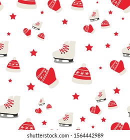 seamless pattern with winter elements knitted hat, gloves and skates. Isolated vector illustration on white background