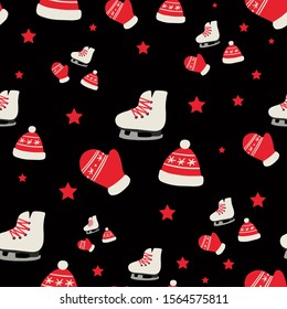 seamless pattern with winter elements knitted hat, gloves and skates. Isolated vector illustration on black background