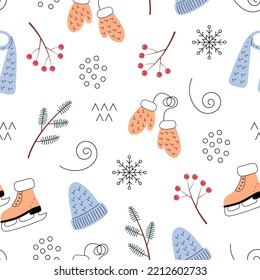 Seamless pattern with winter elements on a white background. Cute vector illustration with fir branches, snowflakes, skates and clothes.