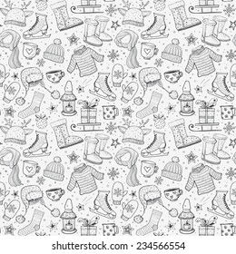 Seamless pattern with winter elements on white background. Warm clothes, uggs, sleigh, candles, stars and other objects. Can be used for wallpaper, pattern fills, textile, web page background.