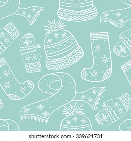 Seamless pattern with winter elements. Vector contour texture. Warm clothes texture