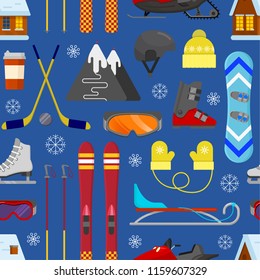 Seamless pattern with winter equipment on blue background