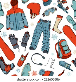 Seamless pattern of winter extreme sport. Snowboard gear on white background. Winter active outdoor design.