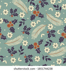 Seamless pattern of winter flora and snow. Vector graphics.