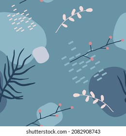 Seamless pattern with winter floral decoration element with pine, leaves, berries and spruce. Hand drawn style. Vector illustration for winter ornament design.
