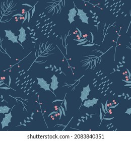 Seamless pattern with winter floral decoration element with pine, leaves, berries and spruce. Hand drawn style. Vector illustration for winter ornament design.