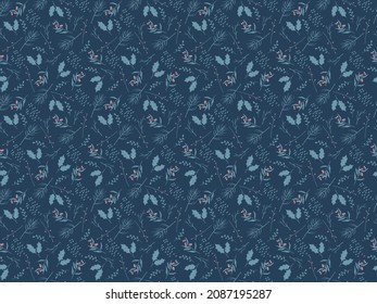 Seamless pattern with winter floral decoration element with pine, leaves, berries and spruce. Hand drawn style.