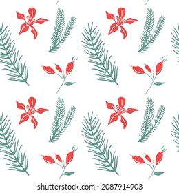 Seamless pattern with winter flowers, berries and coniferous branches. Colorful paper cut Christmas symbols isolated on white background. Doodle hand drawn vector illustration.