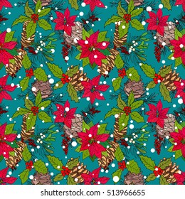 Seamless pattern with winter flowers and berries