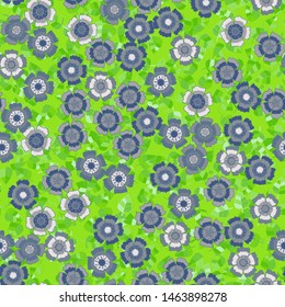 Seamless pattern. Winter flowers carnations on the background of green leaves. Random arrangement of elements.
