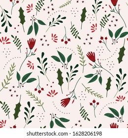 Seamless pattern of winter foliage with flowers, berries, and greenery on a cream background.