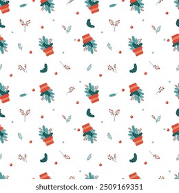 Seamless pattern with winter foliage and red pots, perfect for festive designs and seasonal decor