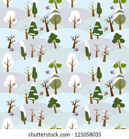 Seamless pattern with winter forest and birds
