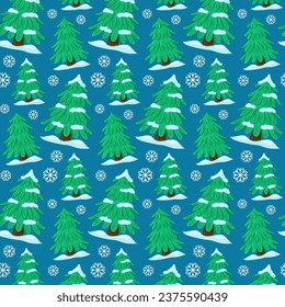 Seamless pattern of the winter forest. Christmas tree, snow. Forest green background. Festive Christmas wallpaper. Vector background for winter holidays, Christmas and New Year