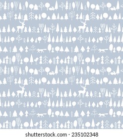 Seamless pattern. Winter forest. Deer, Fox, rabbit in the forest. Abstract  illustration. Can be used for pattern fills, wallpapers,texture of fabric, surface textures. 